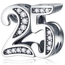25 Geburtstag Charms passt Pandora Hochzeit Jahrestag Armband, 925 Sterling Silber Zahl 25 Jahre alte Birthday Perlen mit CZ Geburtssteinen, Geschenke für Braut/Muttertag/Freunde von CRISNATA