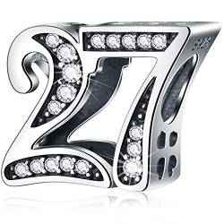 27 Geburtstag Charms passt Pandora Jahrestag Armband, 925 Sterling Silber Zahl 27 Jahre alte Birthday Perlen mit CZ Geburtssteinen, Geschenke für Mutter/Vater/Tochter/Sohn von CRISNATA