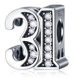 31 Geburtstag Charms passt Pandora Jahrestag Armband, 925 Sterling Silber Zahl 31 Jahre alte Birthday Perlen mit CZ Geburtssteinen, Geschenke für Ehepaar/Braut/Frau/Liebhaber von CRISNATA