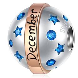 Dezember Birthstone Runde Ball Charm-Fits Pandora Armband, 925 Sterling Silber mit Rose Gold überzogen, blaue Zirkon CZ Perlen, Geschenke für Dez Weihnachten/Tochter/Großmutter von CRISNATA