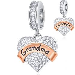 Ich liebe dich Oma Herz Anhänger Charms, passt Pandora Muttertag Armband Halskette, 925 Sterling Silber Großmutter Klar CZ Grandma Perlen, Geschenk für Abuela/Grandmother/Babcia von CRISNATA