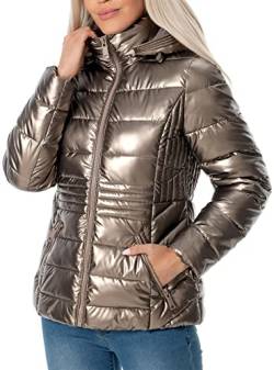 CRISSREXO Damen Steppjacke Leichte Puffer Jacke Metallic Glänzend Winter Warm Reißverschluss Gepolsterter Mantel mit Abnehmbarer Kapuze, Dark Gold, L von CRISSREXO