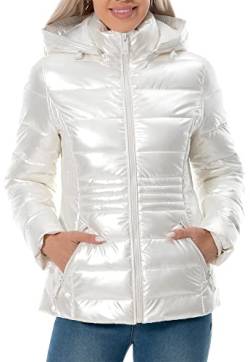 CRISSREXO Damen Steppjacke Leichte Puffer Jacke Metallic Glänzend Winter Warm Reißverschluss Gepolsterter Mantel mit Abnehmbarer Kapuze, Perlweiß (Pearl White), S von CRISSREXO