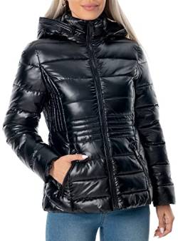 CRISSREXO Damen Steppjacke Leichte Puffer Jacke Metallic Glänzend Winter Warm Reißverschluss Gepolsterter Mantel mit Abnehmbarer Kapuze, Schwarz, L von CRISSREXO