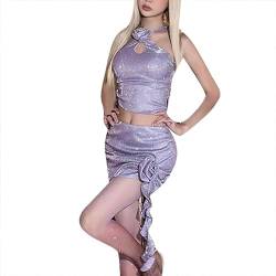 Frauen Sexy Rüschen 2 Stück Rock Sets Y2k Glitter 3D Floral Crop Top Quasten Bodycon Mini Rock Club Outfit von CRITOR