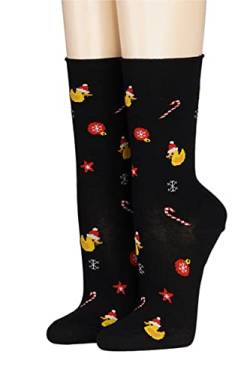 CRÖNERT Damen Socken mit Rollrand 18221 Weihnachtsenten Gr. 39-42, schwarz von CRÖNERT