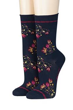 CRÖNERT Damen Socken mit Rollrand Blütenzweige 18202 Gr. 35-38, marine von CRÖNERT