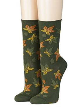 CRÖNERT Damen Socken mit Rollrand Herbstblätter 18203 Gr.35-38, oliv von CRÖNERT