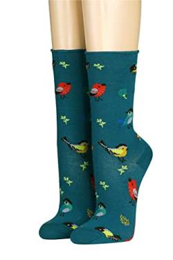 CRÖNERT Damen Socken mit Rollrand Singvögel 18248 Gr. 35-38, petrol von CRÖNERT