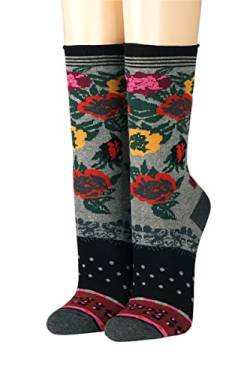 CRÖNERT Damen Socken mit Rollrand große Blüten 18247 Gr. 39-42, schwarz von CRÖNERT