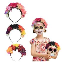 CROKZ Halloween-Blumen-Stirnband, 3-teilig, Tag der Toten, mexikanische künstliche Rose, Kopfbedeckung, leichtes Polyester, festliches Stirnband for Party, Damen-Stirnbänder/107 von CROKZ