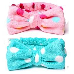 Hübsches superweiches Haarband for die Dusche – ideales Haarband for Waschen von Gesicht oder Make-up)/939 (Color : Pink With Colourful Polka Dot+blue Polka Dot, Size : 2) von CROKZ