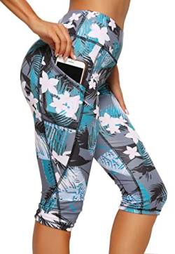 CROSS1946 Leggings 3/4 Sports Femme Pantacourt Avec Poches Tights Pantalons Capri Collant Élastique Yoga Gym, B-Court-Motif Bleu XL von CROSS1946