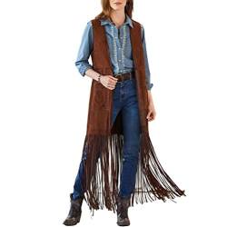 CROSTRITON Frauen Retro Lange Quaste Fransen Weste Faux Wildleder Hippie Kleidung Open Front Cardigan Weste von CROSTRITON