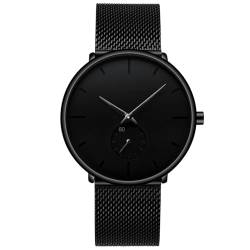 CRRJU Herren-Armbanduhr, schwarz, ultradünn, minimalistisch, modisch, mit Edelstahl-Mesh-Band, Schwarz , Modern von CRRJU