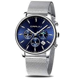 CRRJU Herren Uhren Chronograph Armbanduhr Männer Uhr Mann Sportuhren Wasserdicht mit Mesh-Armband Analog Quarzwerk (Silber blau Silber) von CRRJU