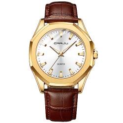 CRRJU Herren Uhren Wasserdicht Armbanduhr Herren Schwarz Lederband Analog Quarz Luxus Business Männer Uhr (Gold weiß) von CRRJU