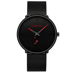 Herren Uhren Ultra Dünne Schwarze Minimalistische Quartz mit Milanese Mesh Edelstahl Und Roter Zeiger von CRRJU