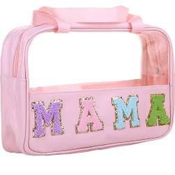 CRUOXIBB Chenille-Kosmetiktasche, transparent, PVC- und PU-Leder, groß, für Reisen, Kosmetikartikel, Aufbewahrungstasche, wasserdichte Make-up-Tragetasche, MAMA-Pink, Täglich von CRUOXIBB