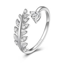 CRYSLOVE 925 Sterling Silber Verstellbarer Offener Ring für Damen Mädchen Federblätter Blattringe Vintage Statement Finger Ringe Geschenk mit Schmuckschatulle(Silver/Gold) von CRYSLOVE