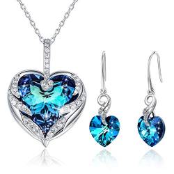CRYSLOVE Schmuckset mit Blau Kristall Herz Halskette und Ohrringe Damen Frauen,Muttertags Geburtstag Schmuck Geschenk Set von CRYSLOVE