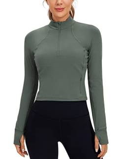 CRZ YOGA Damen Butterluxe 1/2 Reißverschluss Langarmshirt Sport Pullover Crop Oberteile Fitness Gym Running Sweatshirt mit Daumenloch Grauer Salbei 36 von CRZ YOGA