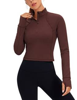 CRZ YOGA Damen Butterluxe 1/2 Reißverschluss Langarmshirt Sport Pullover Crop Oberteile Fitness Gym Running Sweatshirt mit Daumenloch Taupe 36 von CRZ YOGA