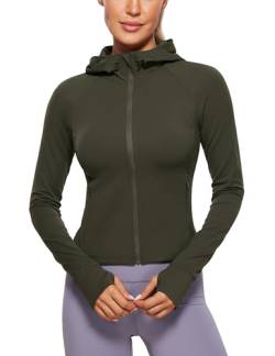 CRZ YOGA Damen Butterluxe Kapuzenpullover Hoodie Zip Up Sweatjacke Workout Langarm Hoody Kapuzenjacke mit Daumenloch Olivgrün 38 von CRZ YOGA