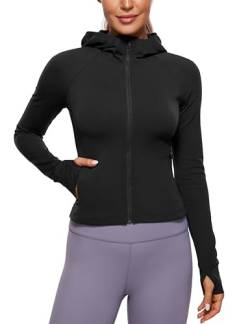 CRZ YOGA Damen Butterluxe Kapuzenpullover Hoodie Zip Up Sweatjacke Workout Langarm Hoody Kapuzenjacke mit Daumenloch Schwarz 38 von CRZ YOGA