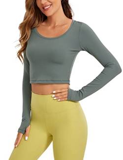 CRZ YOGA Damen Butterluxe Sport Langarmshirt Slim Fit Longsleeve Yoga Crop Top Cropped Fitness Sweatshirt mit Daumenloch Grauer Salbei 38 von CRZ YOGA