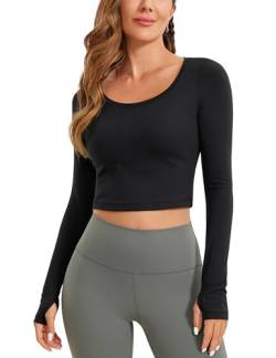 CRZ YOGA Damen Butterluxe Sport Langarmshirt Slim Fit Longsleeve Yoga Crop Top Cropped Fitness Sweatshirt mit Daumenloch Schwarz 36 von CRZ YOGA