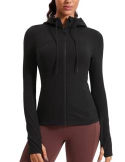 CRZ YOGA Damen Butterluxe Voll Reißverschluss Running Jacke Zip Tasche Sport Gym Hoodie Mesh Hoody Sweatjacke mit Daumenloch Schwarz 40 von CRZ YOGA