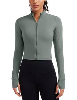 CRZ YOGA Damen Butterluxe Voller ReiÃŸverschluss Cropped Jacke Sport Pullover Slim Fit Gym Running Jacken mit Daumenloch Grauer Salbei 38 von CRZ YOGA