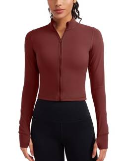 CRZ YOGA Damen Butterluxe Voller ReiÃŸverschluss Cropped Jacke Sport Pullover Slim Fit Gym Running Jacken mit Daumenloch Noctilucence rot 40 von CRZ YOGA