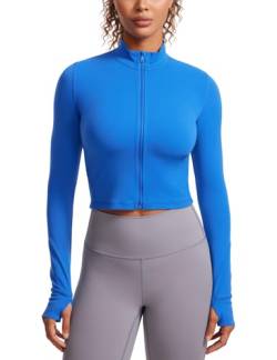 CRZ YOGA Damen Butterluxe Voller Reißverschluss Cropped Jacke Sport Pullover Slim Fit Gym Running Jacken mit Daumenloch Funkelndes Blau 40 von CRZ YOGA