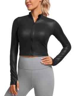 CRZ YOGA Damen Butterluxe Voller Reißverschluss Cropped Jacke Sport Pullover Slim Fit Gym Running Jacken mit Daumenloch Schwarzer Klassiker 44 von CRZ YOGA