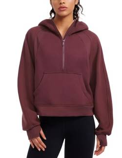 CRZ YOGA Damen Fleece Gefüttert Hoodie 1/2 Reißverschluss Kapuzenpullover Taschen Workout Langarm Hoody Pullover mit Daumenloch Dunkelrot 38 von CRZ YOGA