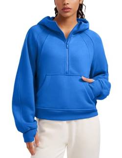 CRZ YOGA Damen Fleece Gefüttert Hoodie 1/2 Reißverschluss Kapuzenpullover Taschen Workout Langarm Hoody Pullover mit Daumenloch Funkelndes Blau 40 von CRZ YOGA