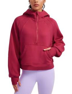 CRZ YOGA Damen Fleece Gefüttert Hoodie 1/2 Reißverschluss Kapuzenpullover Taschen Workout Langarm Hoody Pullover mit Daumenloch Granatapfel 40 von CRZ YOGA