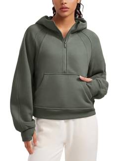 CRZ YOGA Damen Fleece Gefüttert Hoodie 1/2 Reißverschluss Kapuzenpullover Taschen Workout Langarm Hoody Pullover mit Daumenloch Helles Armeegrün 40 von CRZ YOGA