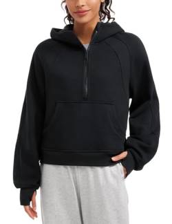 CRZ YOGA Damen Fleece Gefüttert Hoodie 1/2 Reißverschluss Kapuzenpullover Taschen Workout Langarm Hoody Pullover mit Daumenloch Schwarz 34 von CRZ YOGA