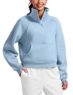 CRZ YOGA Damen Fleece Gefüttert Sweatshirt 1/2 Reißverschluss Pullover mit Taschen Winter Rollkragenpullover mit Daumenloch Cambric-Blau 34 von CRZ YOGA