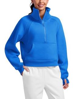 CRZ YOGA Damen Fleece Gefüttert Sweatshirt 1/2 Reißverschluss Pullover mit Taschen Winter Rollkragenpullover mit Daumenloch Funkelndes Blau 40 von CRZ YOGA