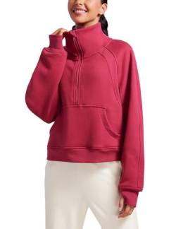 CRZ YOGA Damen Fleece Gefüttert Sweatshirt 1/2 Reißverschluss Pullover mit Taschen Winter Rollkragenpullover mit Daumenloch Granatapfel 38 von CRZ YOGA