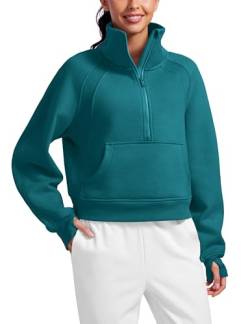 CRZ YOGA Damen Fleece Gefüttert Sweatshirt 1/2 Reißverschluss Pullover mit Taschen Winter Rollkragenpullover mit Daumenloch Grüne Jade 42 von CRZ YOGA