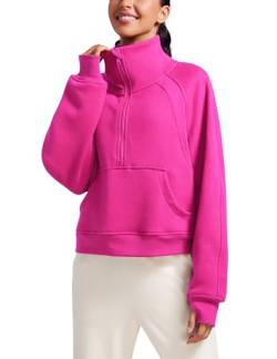 CRZ YOGA Damen Fleece Gefüttert Sweatshirt 1/2 Reißverschluss Pullover mit Taschen Winter Rollkragenpullover mit Daumenloch Hibiskus-Purpur 42 von CRZ YOGA