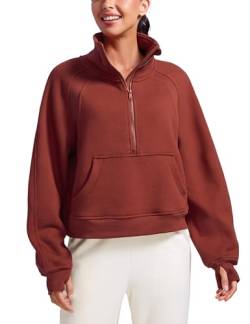 CRZ YOGA Damen Fleece Gefüttert Sweatshirt 1/2 Reißverschluss Pullover mit Taschen Winter Rollkragenpullover mit Daumenloch Jujube Braun 40 von CRZ YOGA