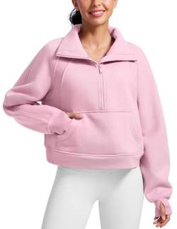 CRZ YOGA Damen Fleece Gefüttert Sweatshirt 1/2 Reißverschluss Pullover mit Taschen Winter Rollkragenpullover mit Daumenloch Rosa Pfingstrose 42 von CRZ YOGA