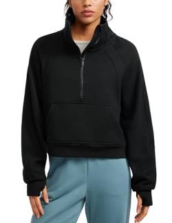 CRZ YOGA Damen Fleece Gefüttert Sweatshirt 1/2 Reißverschluss Pullover mit Taschen Winter Rollkragenpullover mit Daumenloch Schwarz 36 von CRZ YOGA