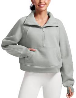 CRZ YOGA Damen Fleece Gefüttert Sweatshirt 1/2 Reißverschluss Pullover mit Taschen Winter Rollkragenpullover mit Daumenloch Sterling 40 von CRZ YOGA